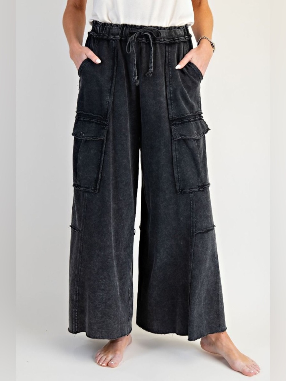 🆕 795 ASH BLACK WASHED WIDE LEGS TERRY CARGO PANTS BLACK